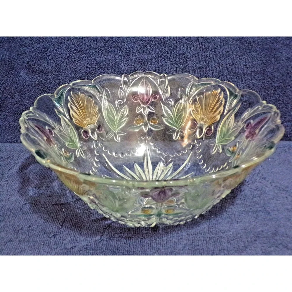 Vintage Pastel Floral Crystal‎ Cut Heavy Glass Flower Large Serving Bowl 10 3/4